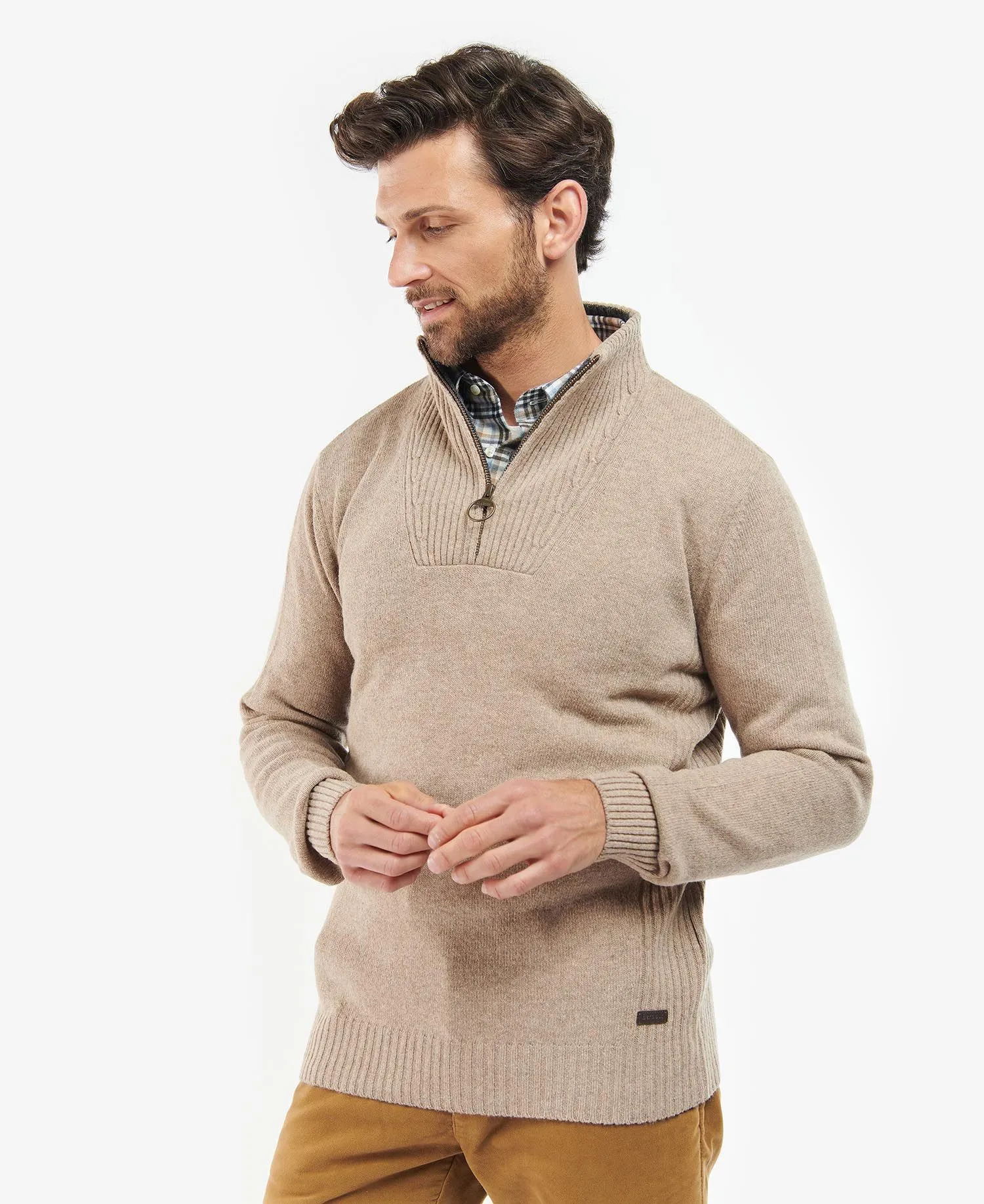 Nelson Essential Half-Zip Jumper in Stone by Barbour