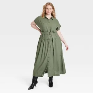 New - Women's Short Sleeve Belted Midi Shirtdress - Universal Thread