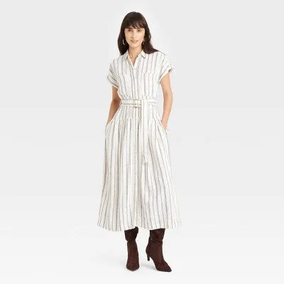 New - Women's Short Sleeve Belted Midi Shirtdress - Universal Thread