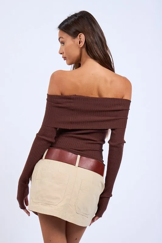 Overfold Off Shoulder Slim Fit Sweater Top