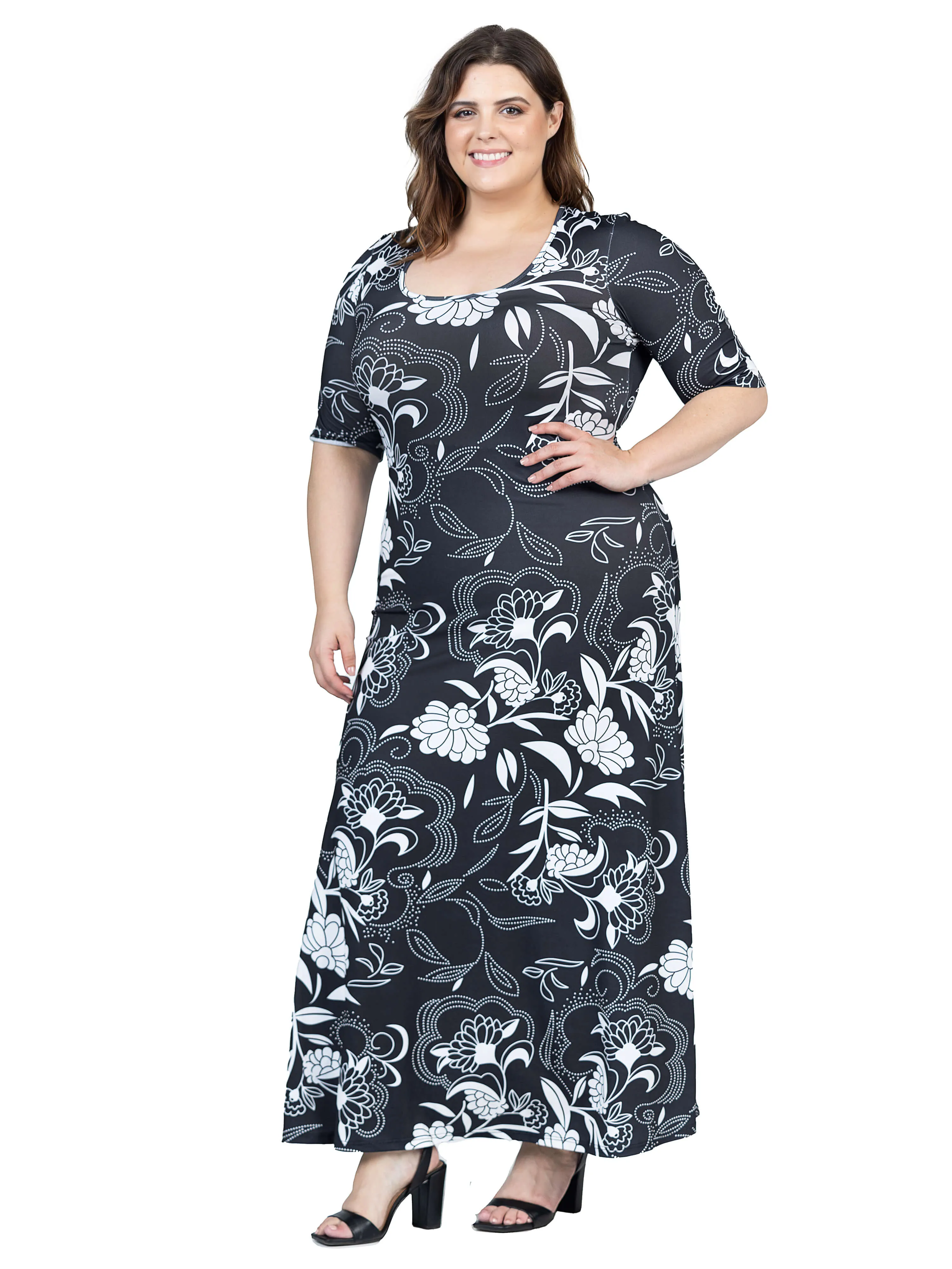 Plus Size  Black and White Elbow Sleeve Casual A Line Maxi Dress