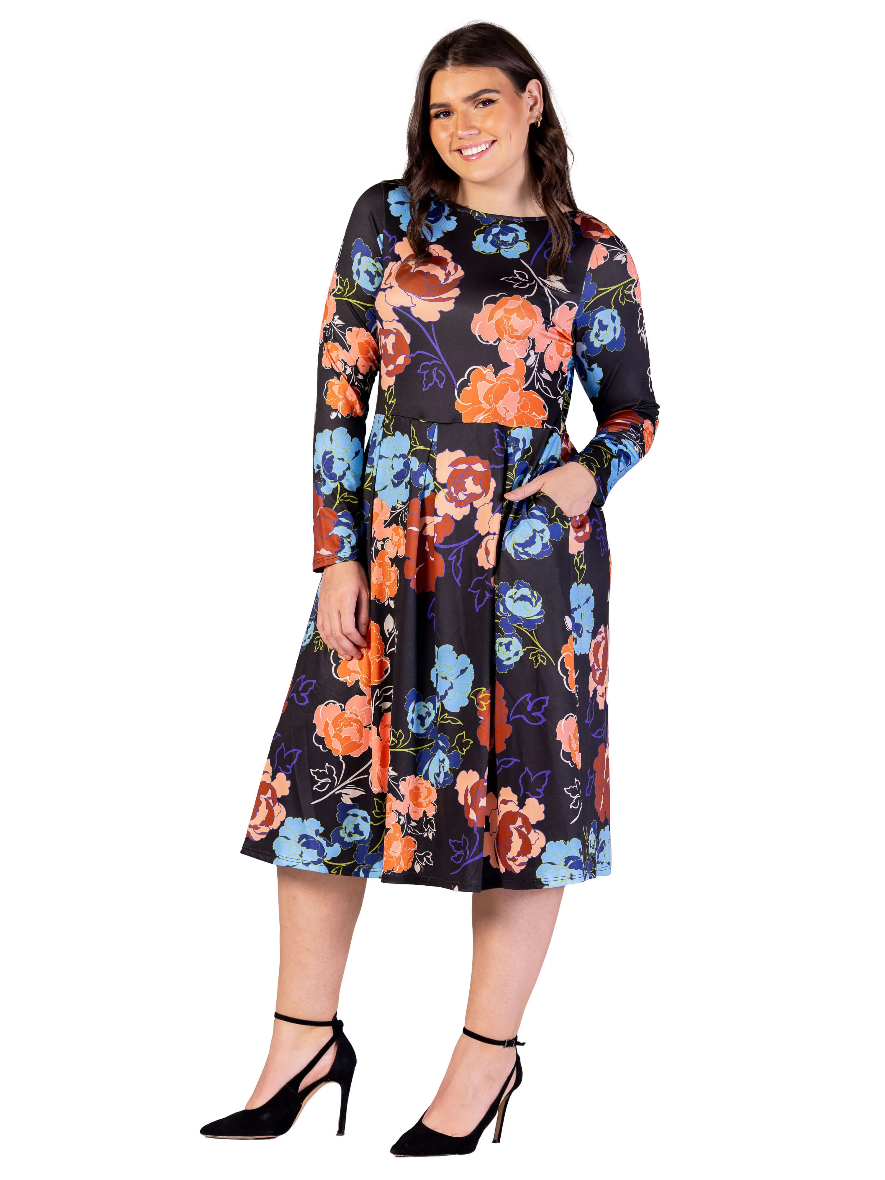 Plus Size Black Floral Midi Length Long Sleeve Pocket Dress