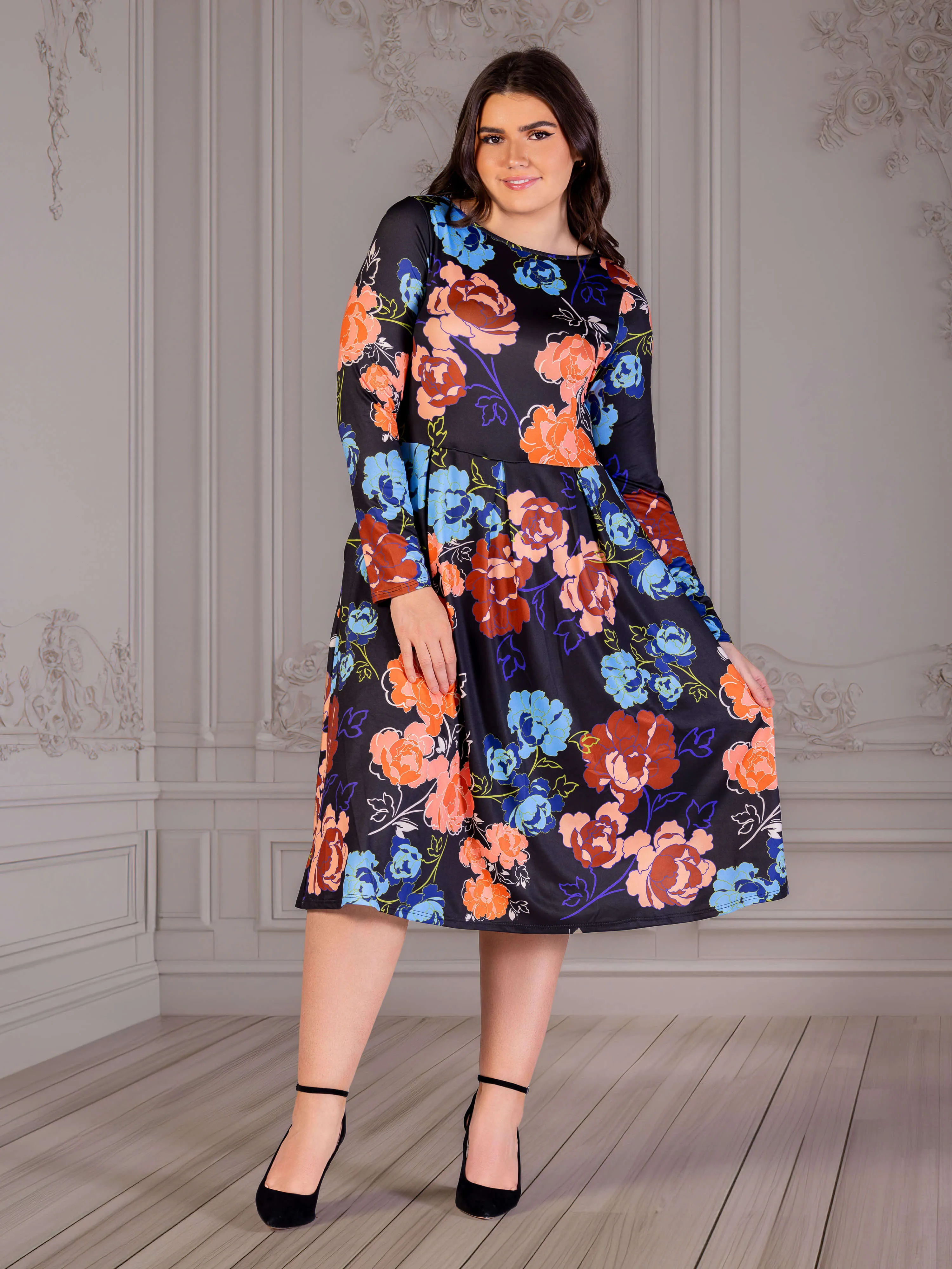 Plus Size Black Floral Midi Length Long Sleeve Pocket Dress