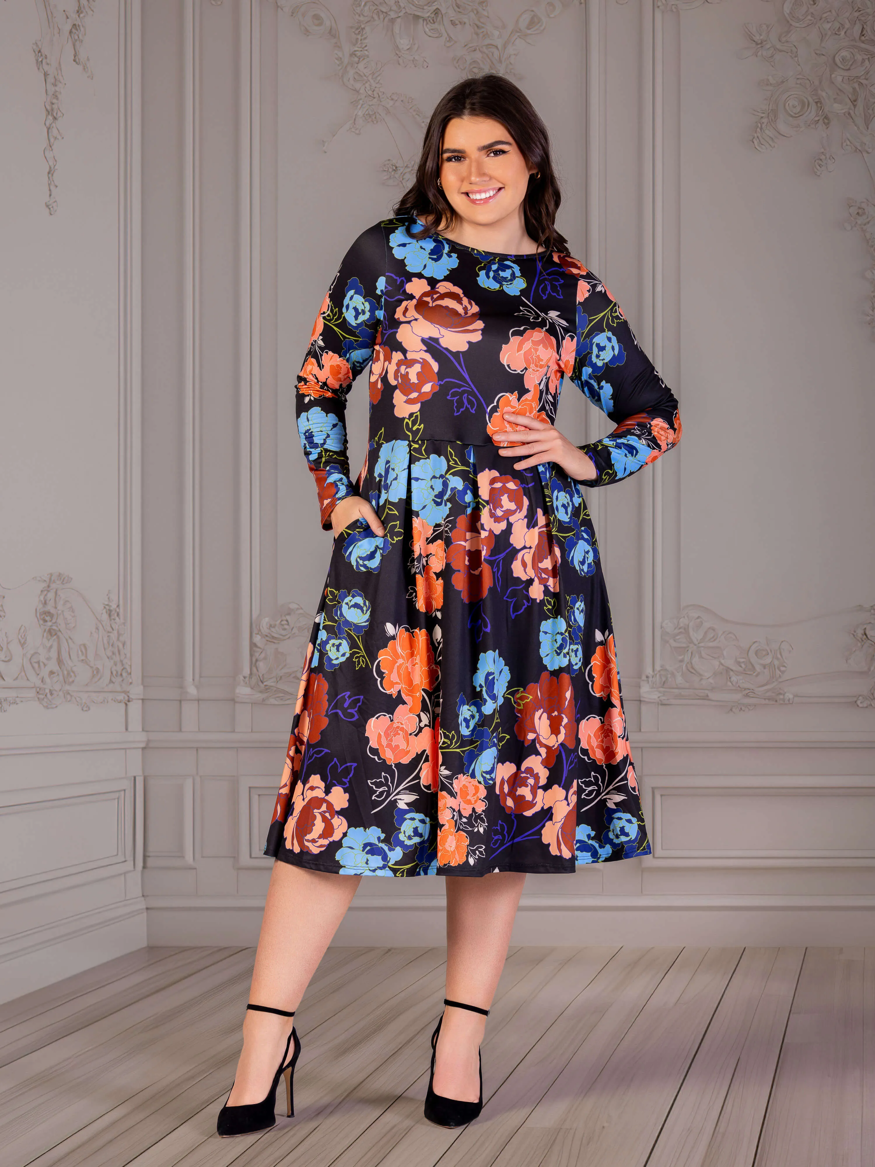 Plus Size Black Floral Midi Length Long Sleeve Pocket Dress