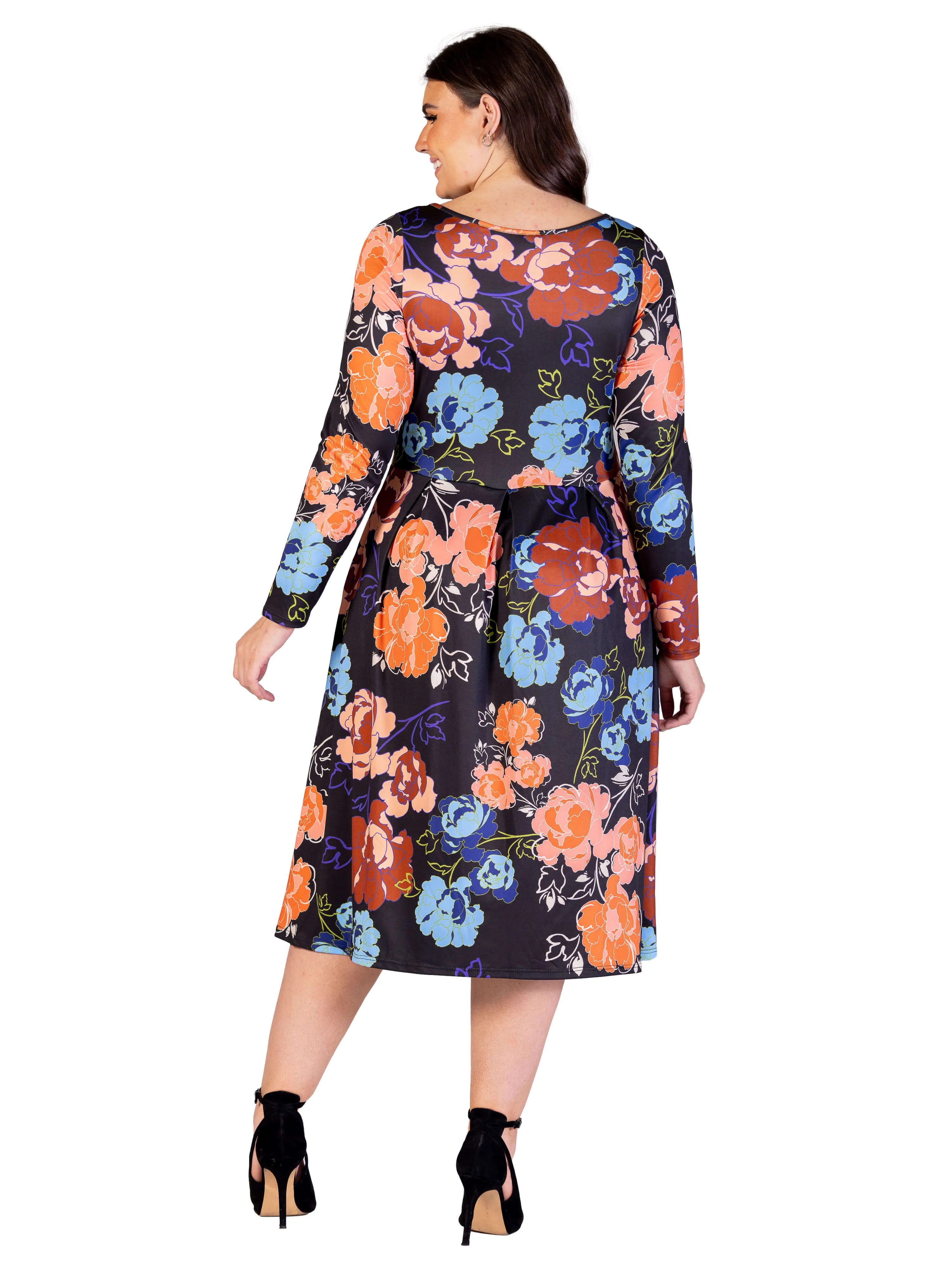 Plus Size Black Floral Midi Length Long Sleeve Pocket Dress