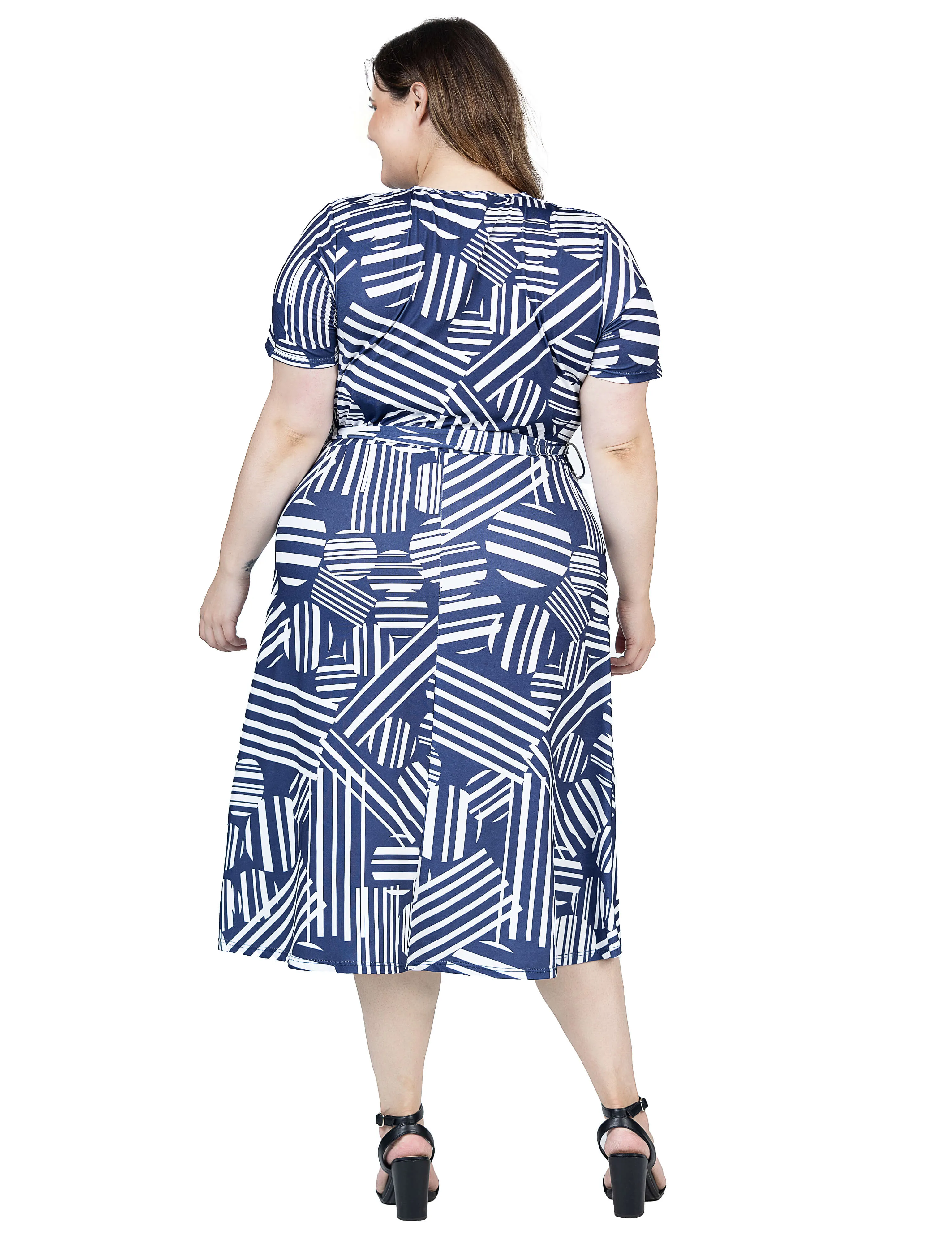 Plus Size Navy and White Short Sleeve Tie Waist Midi Dress