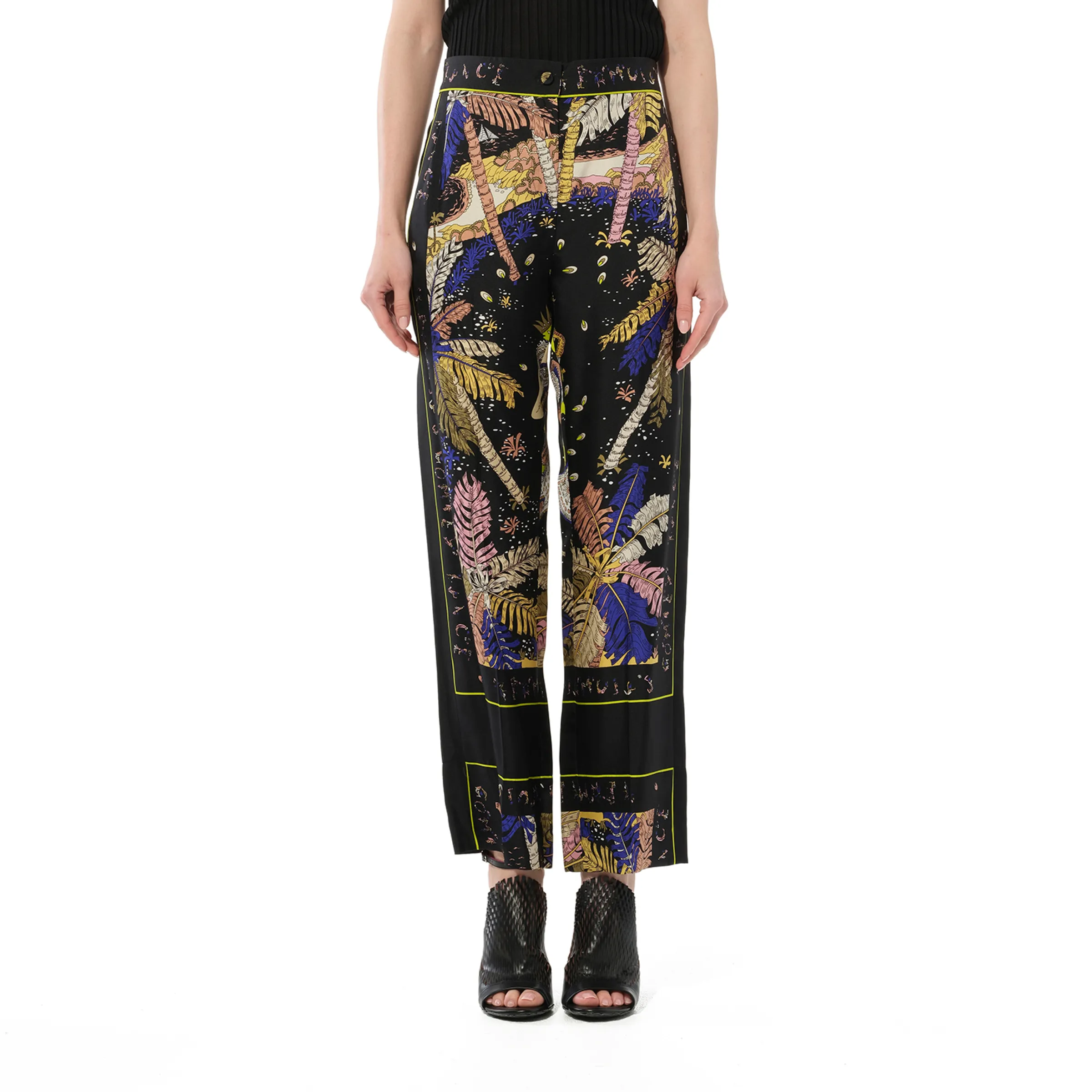 Print Palm Trousers in Black/Yellow