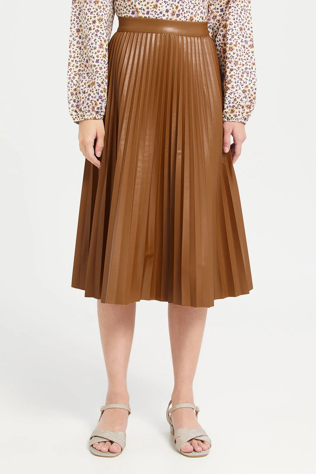 Pu Brown Pleated Skirts