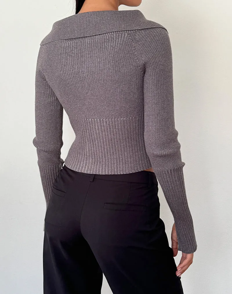 Radia Long Sleeve Off-Shoulder Zip Through Jumper in Dark Charcoal