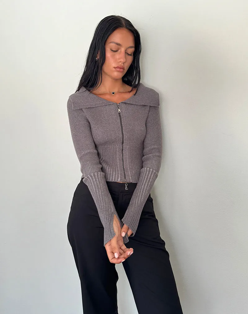 Radia Long Sleeve Off-Shoulder Zip Through Jumper in Dark Charcoal