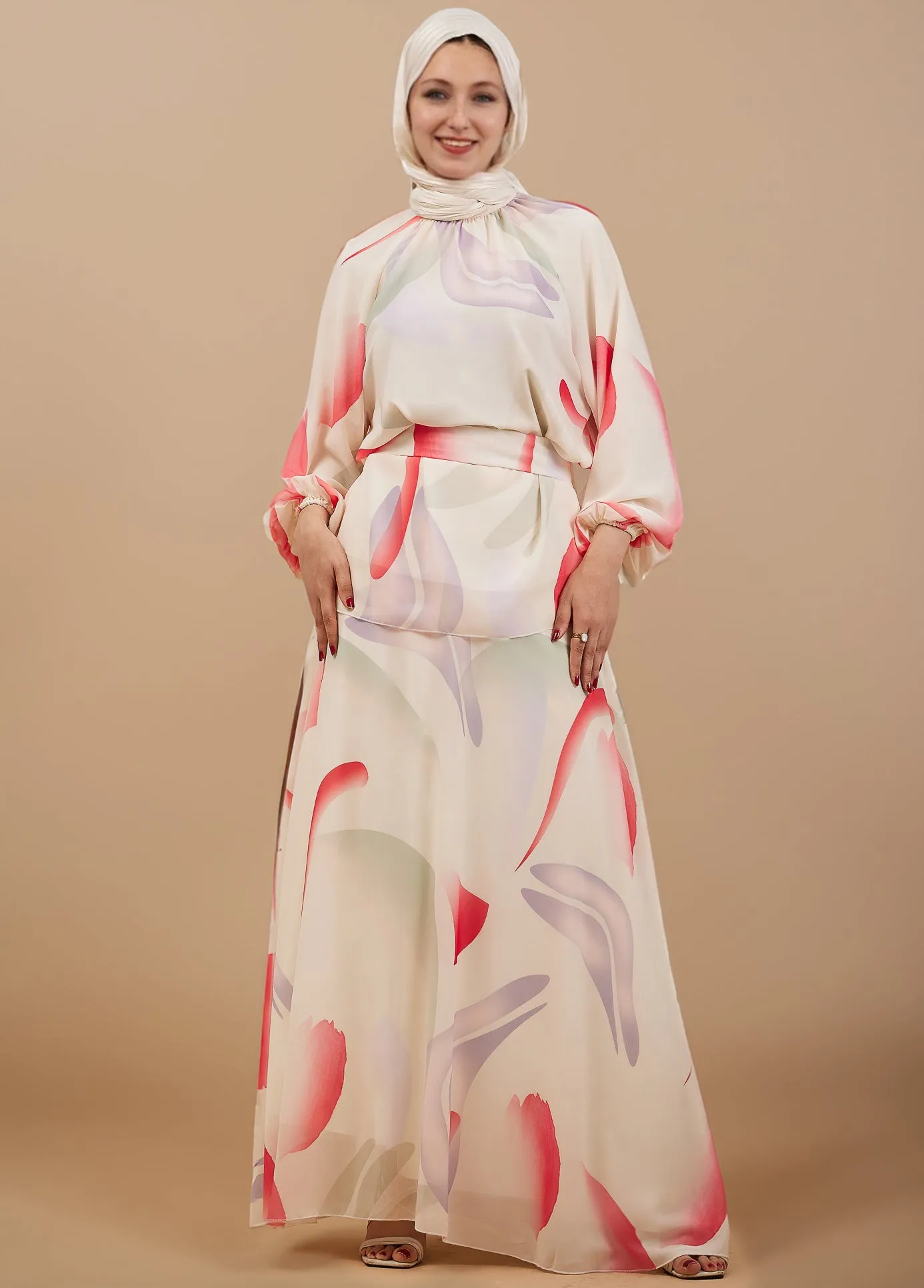 Sahar Radiant Chiffon Flared Sleeve Maxi Dress in Bold Abstract Print