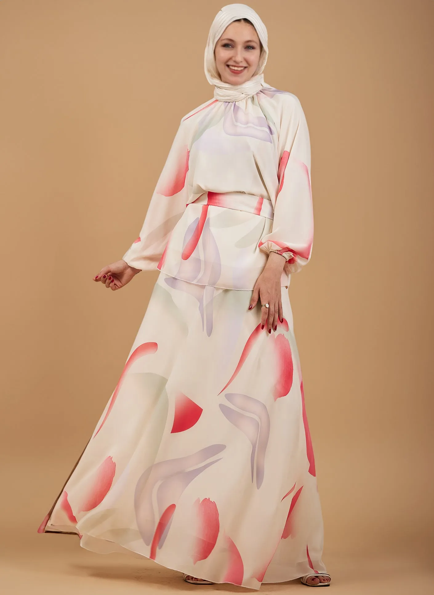 Sahar Radiant Chiffon Flared Sleeve Maxi Dress in Bold Abstract Print