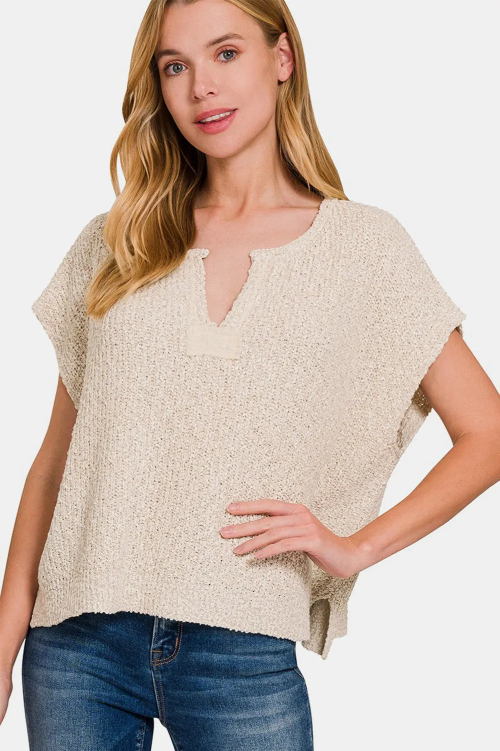 Short Sleeve Side Slit Sweater