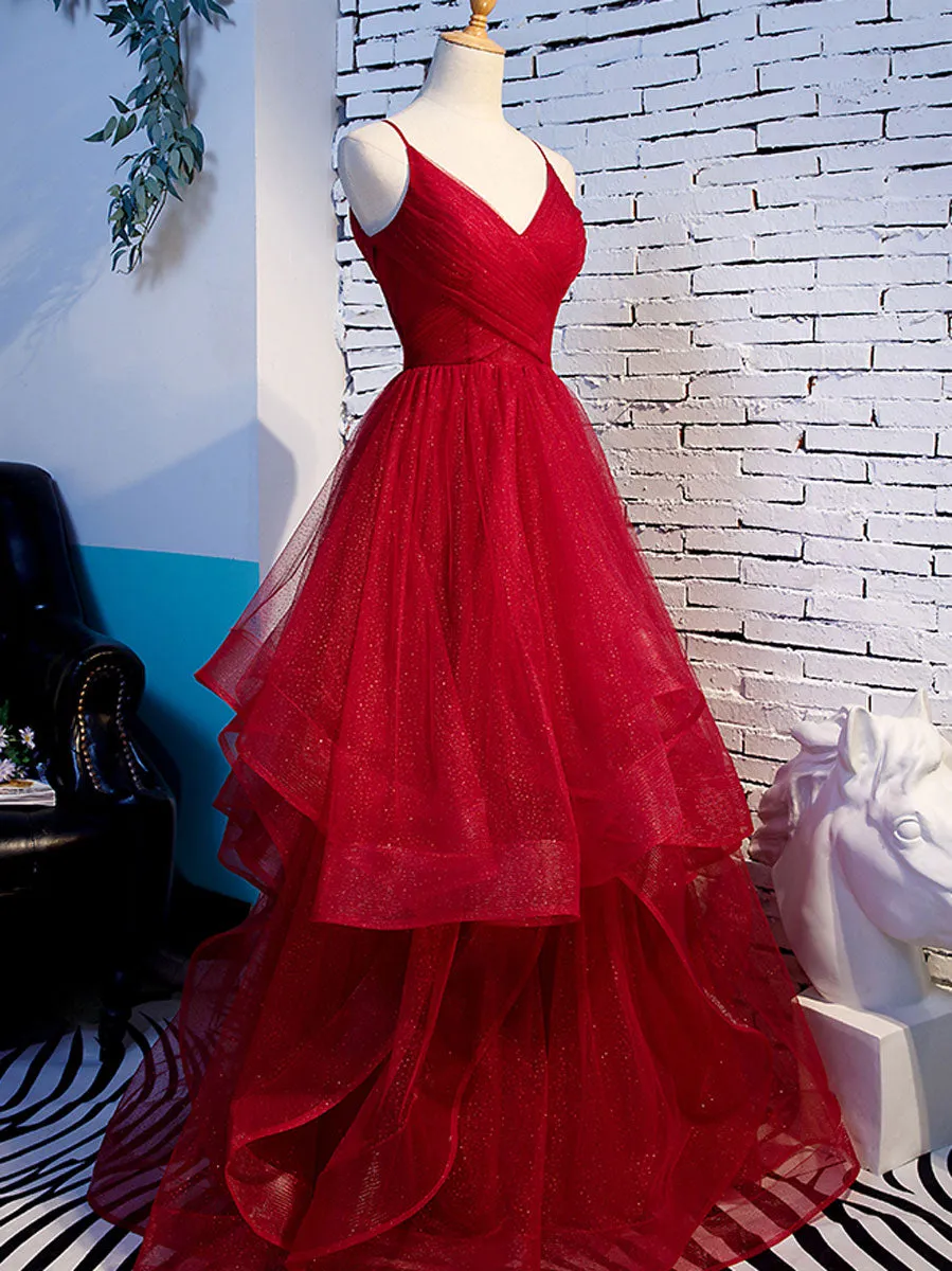 Simple V Neck Tulle Burgundy Long Prom Dress, Burgundy Formal Graduation Dresses