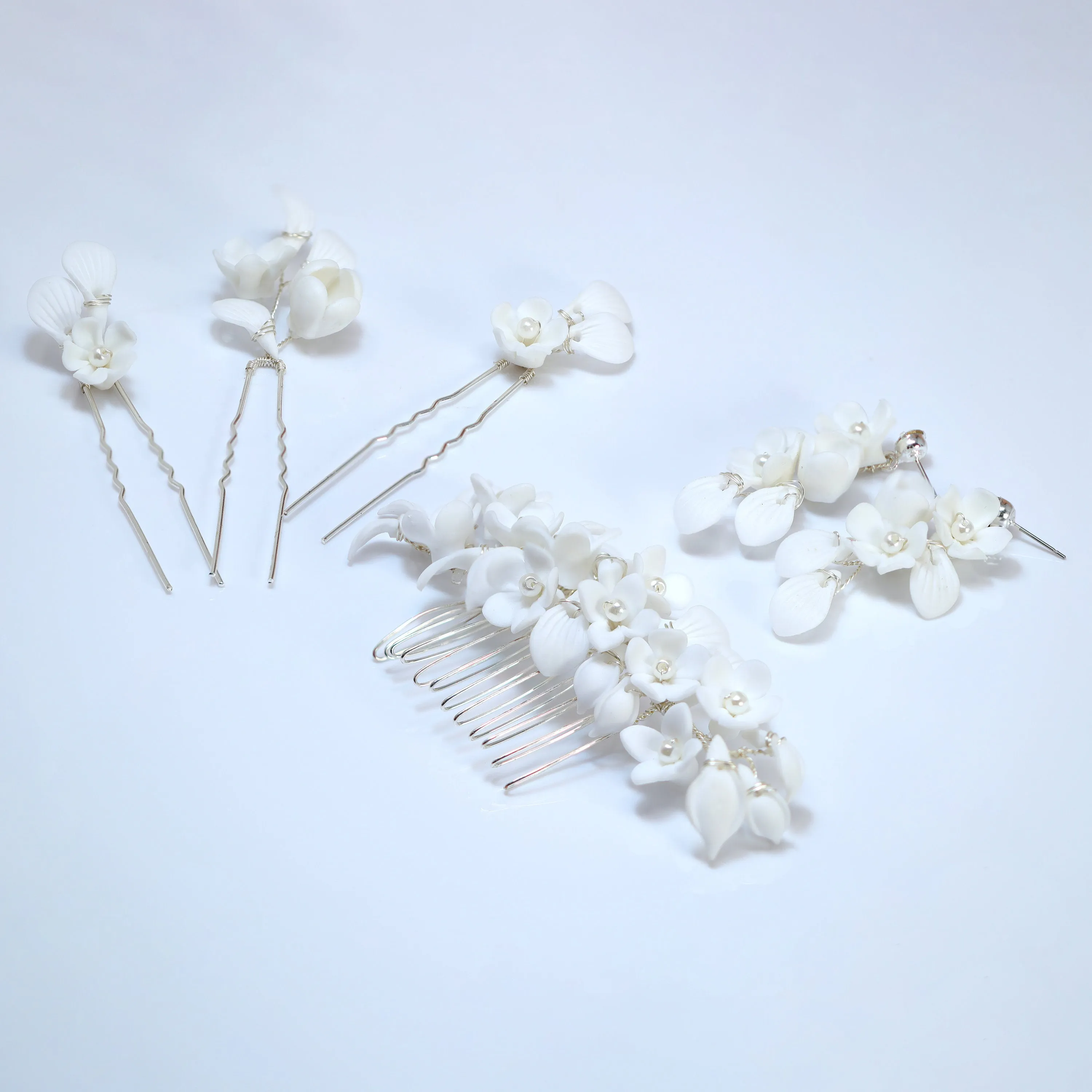 Swarovski Crystal Porcelain White Floral Pearl Elegance Ensemble Comb , Bridal Ceramic Comb, Bridal Hair Accessories, Wedding Earring.