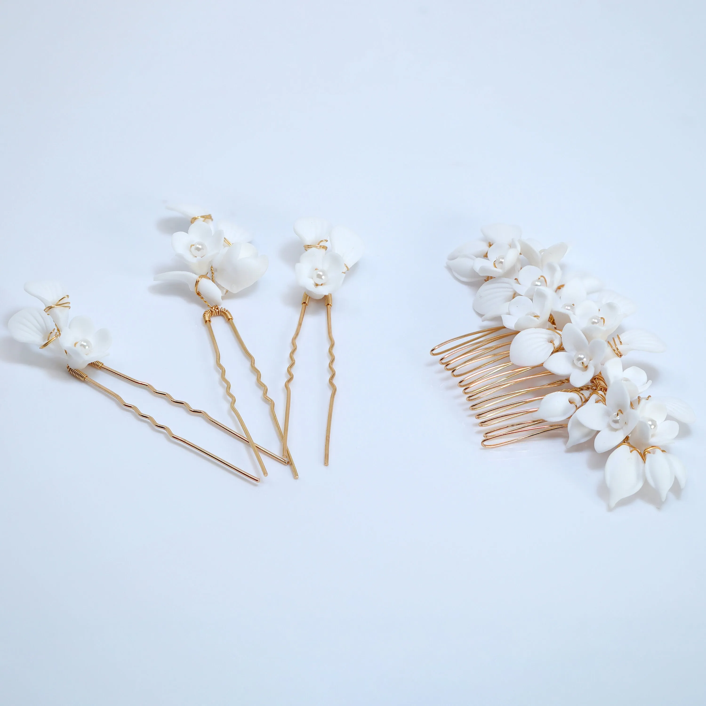 Swarovski Crystal Porcelain White Floral Pearl Elegance Ensemble Comb , Bridal Ceramic Comb, Bridal Hair Accessories, Wedding Earring.