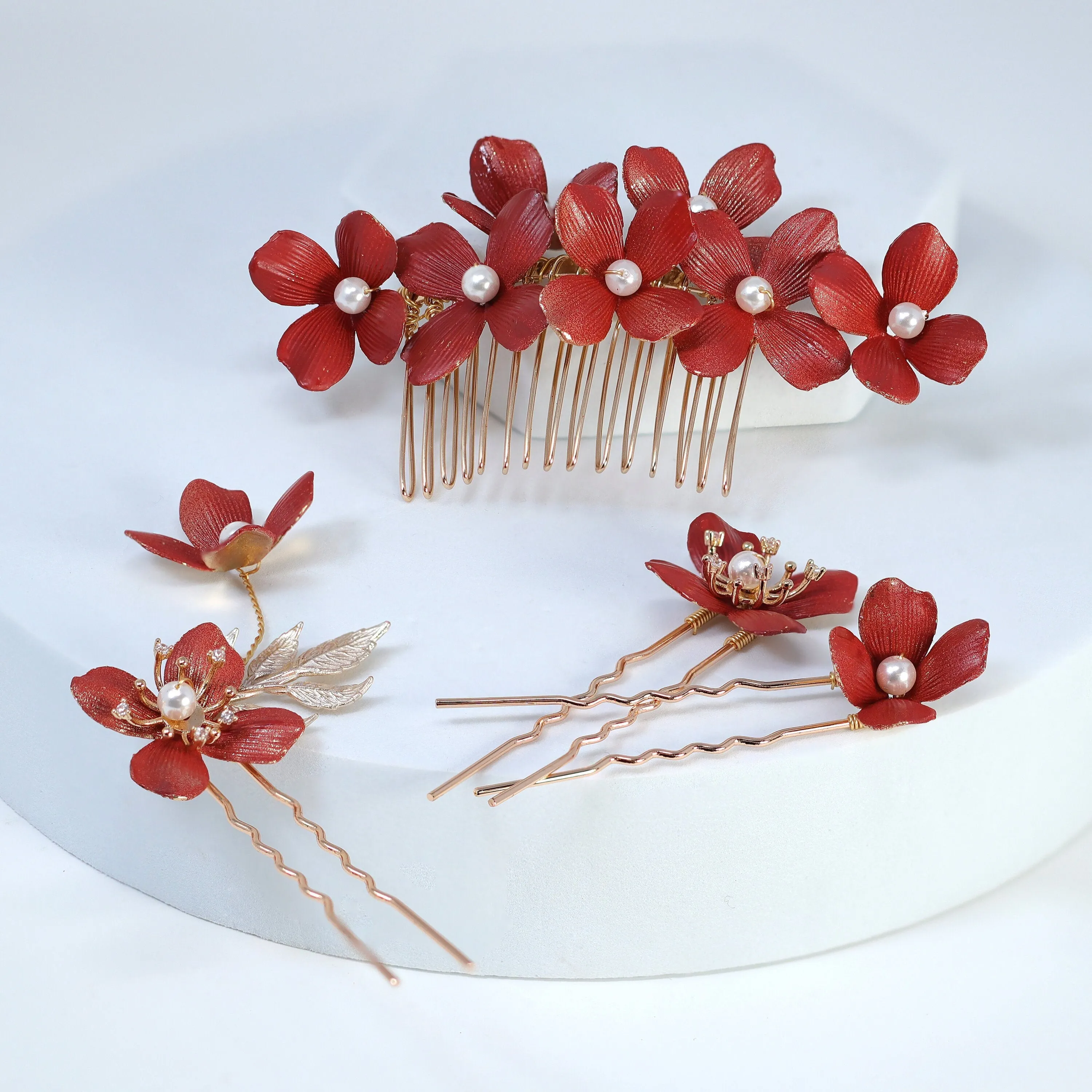 Swarovski Crystals Faux Pearl Red floral Bouquet Hair Comb' Bridal Hair Accessories, Wedding Hair Accessory, Bridal Hair Comb And Pins Set.