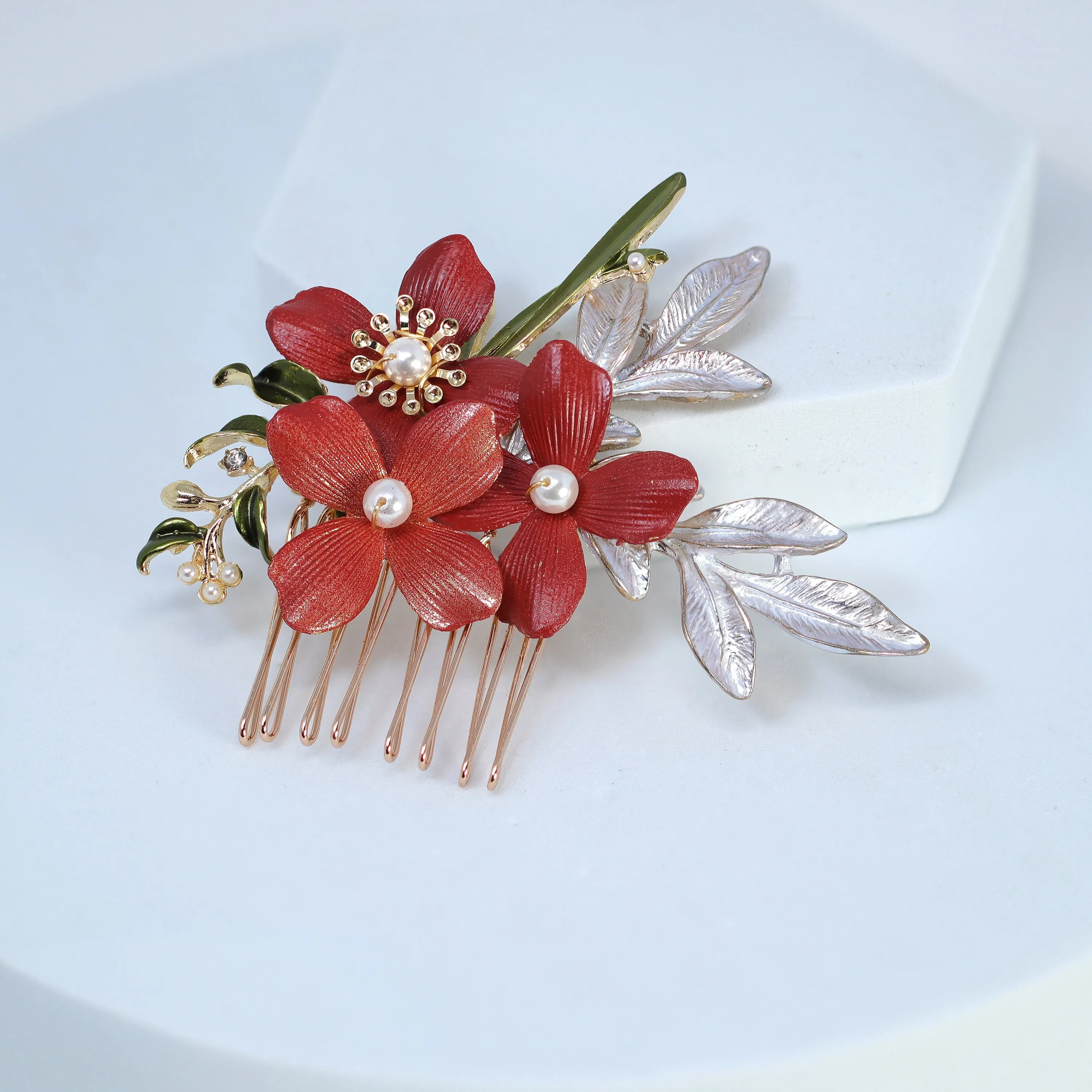 Swarovski Crystals Faux Pearl Red floral Bouquet Hair Comb' Bridal Hair Accessories, Wedding Hair Accessory, Bridal Hair Comb And Pins Set.