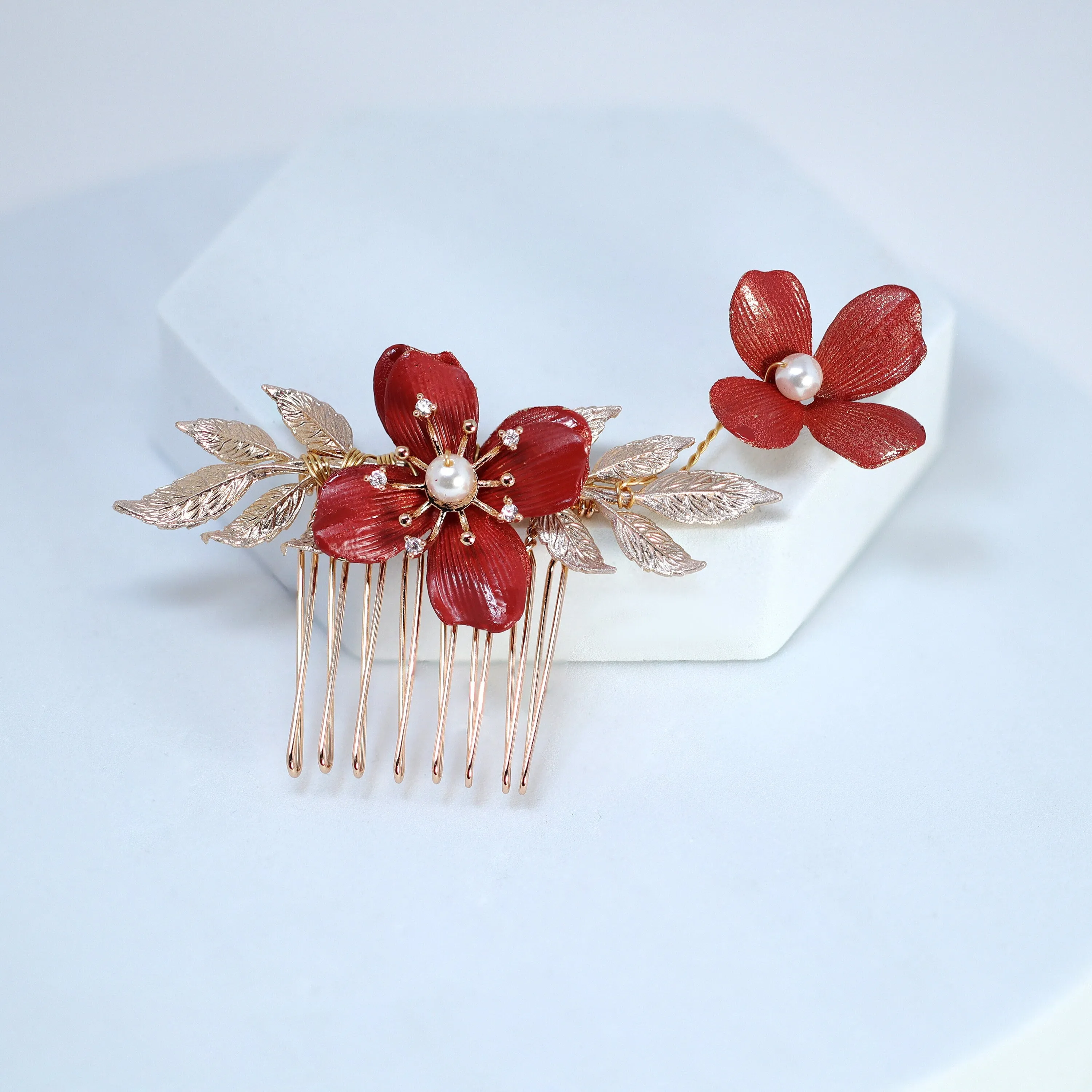 Swarovski Crystals Faux Pearl Red floral Bouquet Hair Comb' Bridal Hair Accessories, Wedding Hair Accessory, Bridal Hair Comb And Pins Set.