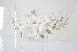 Swarovski Crystals Large Ceramic Flowers & Tiny White Flowers Hair Comb, Bridal Hair piece, Bridal Hair Accessories, Wedding Hair Accessory.