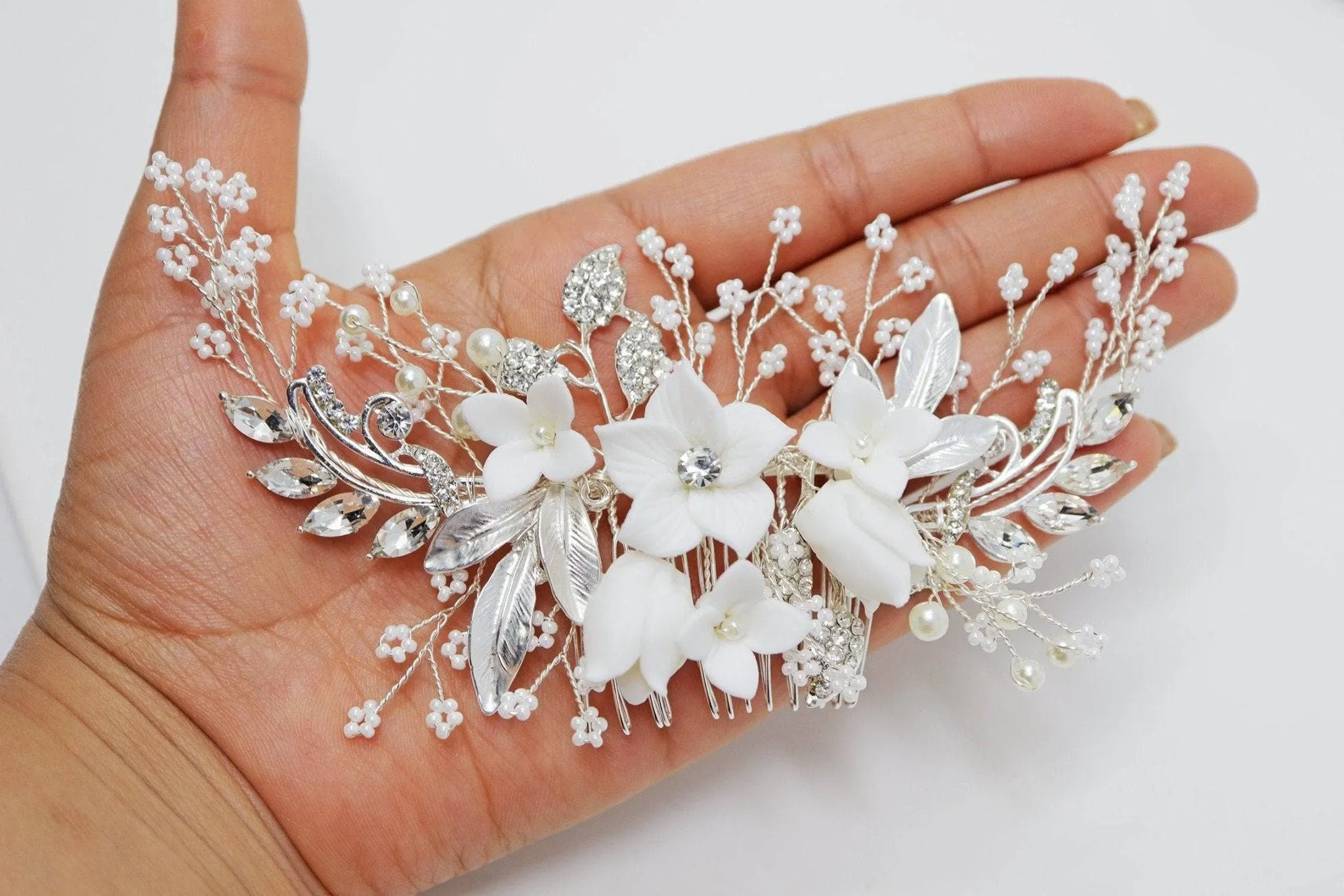 Swarovski Crystals Large Ceramic Flowers & Tiny White Flowers Hair Comb, Bridal Hair piece, Bridal Hair Accessories, Wedding Hair Accessory.