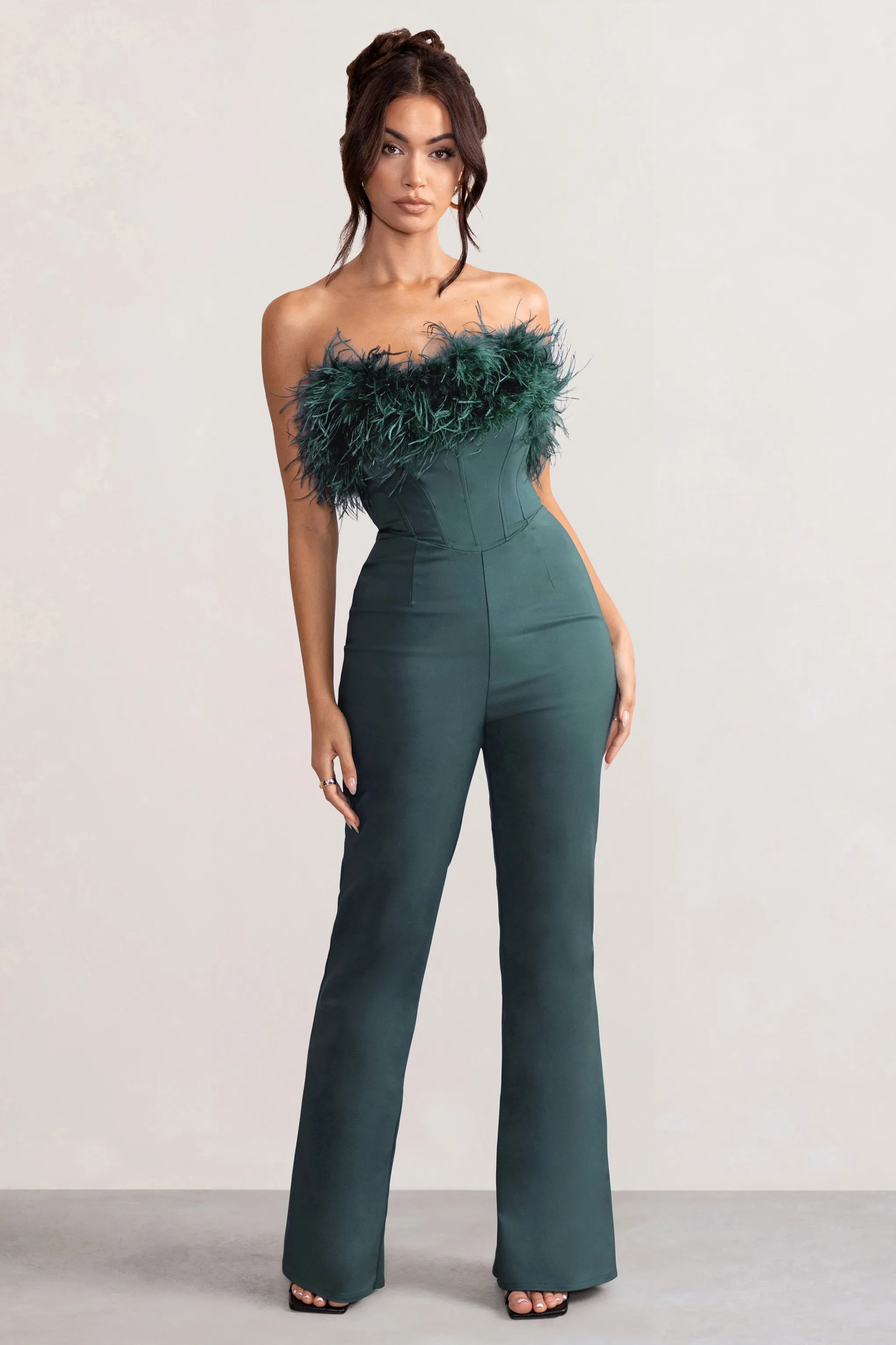 Tessa | Bottle Green Shaped Neckline Corset Jumpsuit With Feather Trim Detail