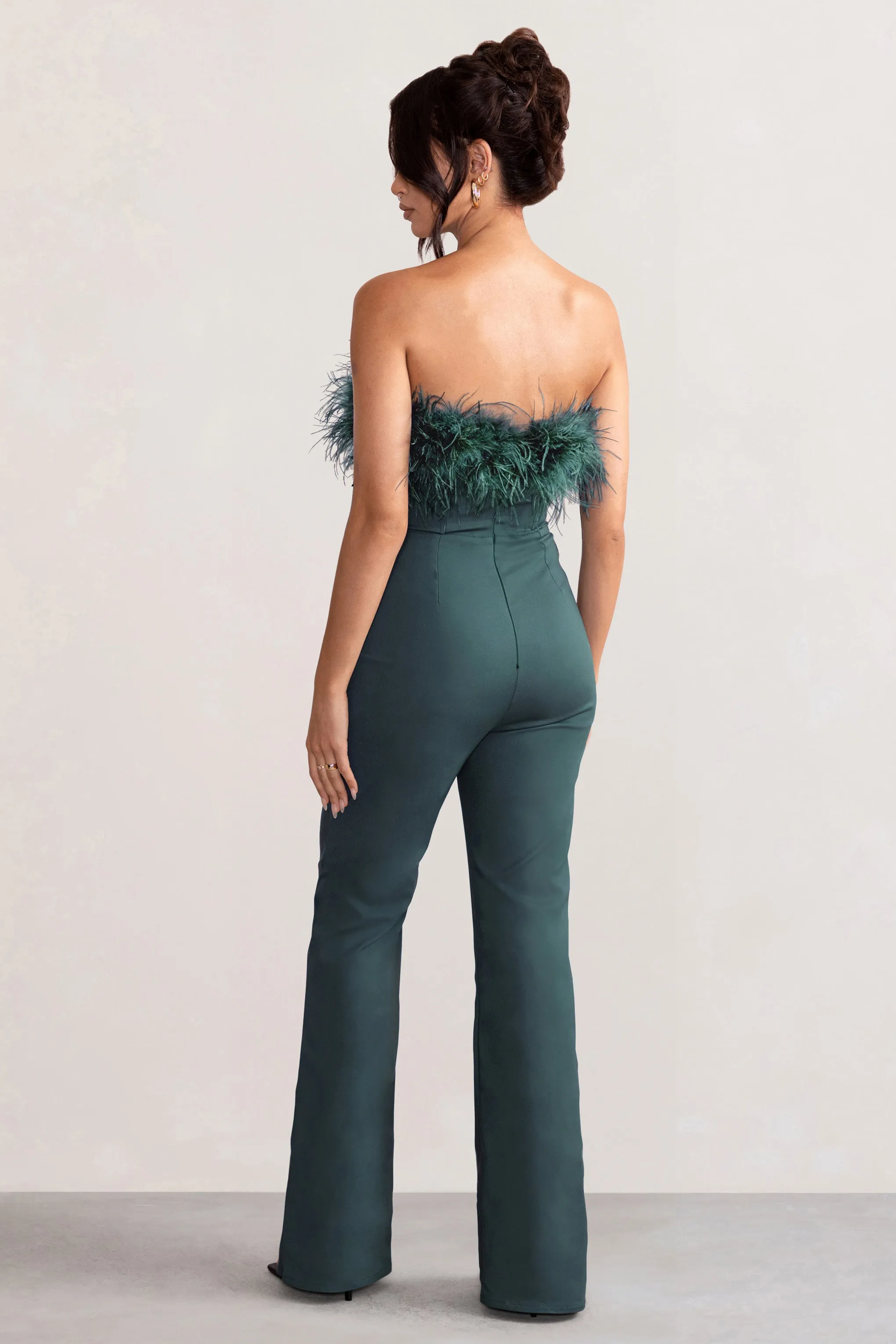 Tessa | Bottle Green Shaped Neckline Corset Jumpsuit With Feather Trim Detail