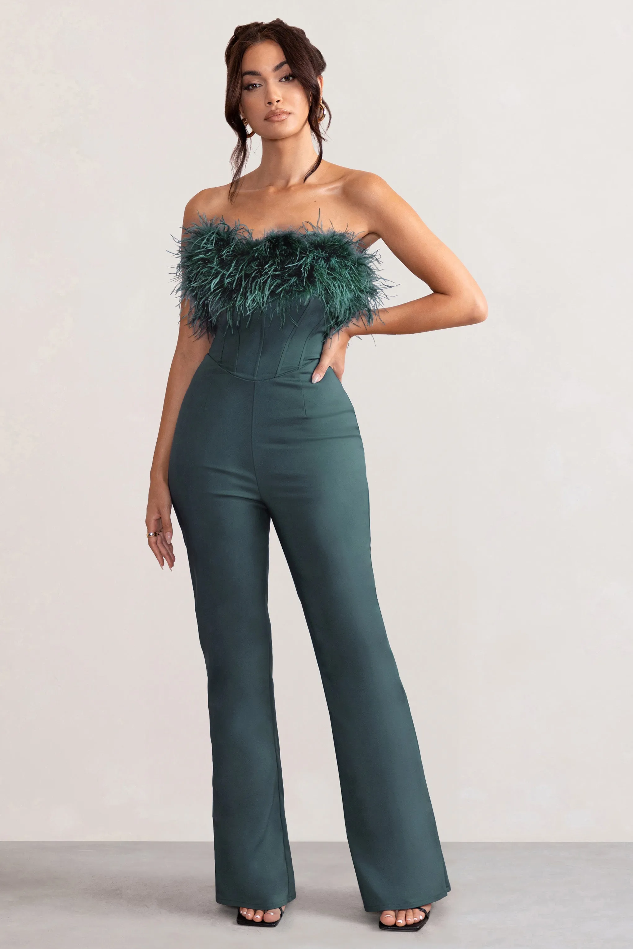 Tessa | Bottle Green Shaped Neckline Corset Jumpsuit With Feather Trim Detail