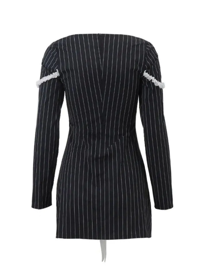 Uniwim French Square Neck Bow Lace Up Pinstripe Mini Dress