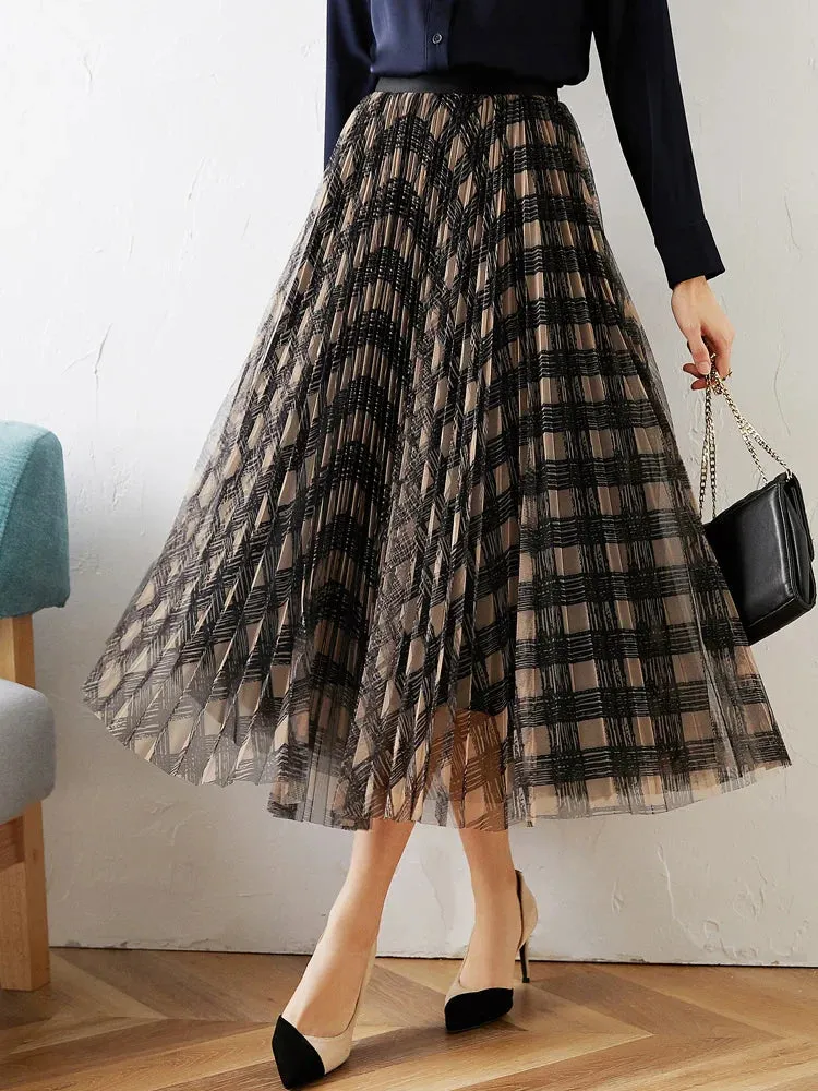 Vintage Grid Pattern High Waist Pleated Midi Skirt