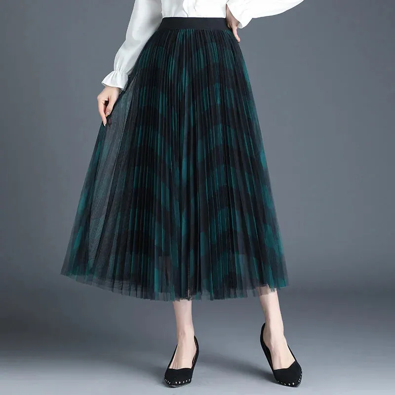 Vintage Grid Pattern High Waist Pleated Midi Skirt