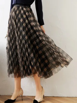 Vintage Grid Pattern High Waist Pleated Midi Skirt