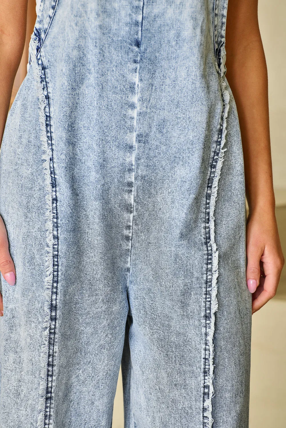 Womens Blue Light Wash Frayed Exposed Seam Wide Leg Denim Overall